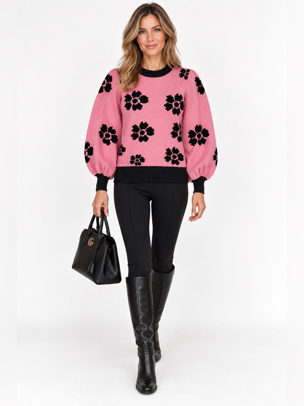 Manoush Pink Daisy Floral Balloon Sleeve Sweater Size S